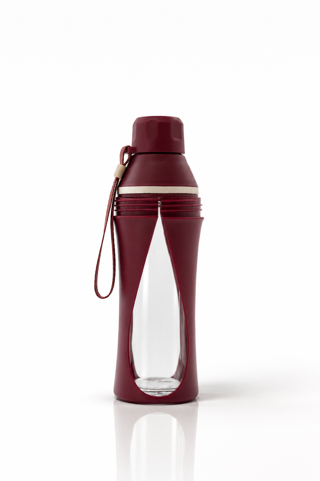 Glass-bodied water bottle in a maroon silicone sleeve